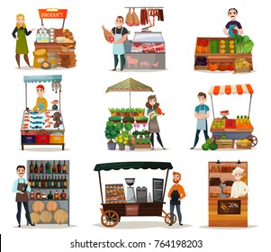  Street food icons set with vegetables meat and wine flat isolated vector illustration