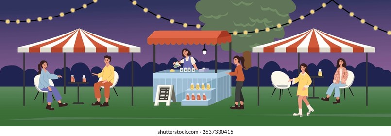 Street food illustration. Night market. Drink stall. People buy drink. People talking. People in the city park. Evening fair with food stalls and people.