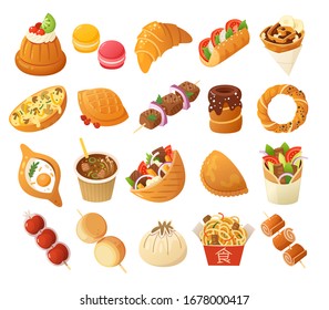 Imágenes de comida callejera. cocina francesa, polaca, turca y china. Iconos vectoriales.