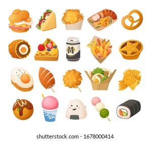 Street food images. German, British, Korean and Japanese cuisines. Vector icons.