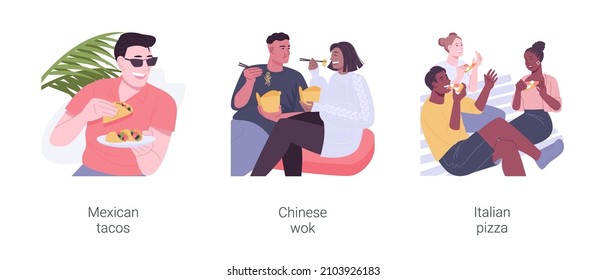 Street food isolated cartoon vector illustration set. Smiling man eating Mexican tacos, Chinese traditional dish, couple eating wok together, diverse people share pizza outdoors vector cartoon.