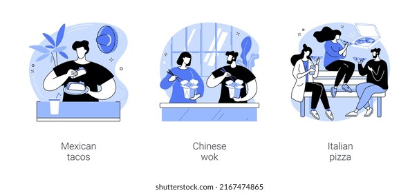 Street food isolated cartoon vector illustrations set. Smiling man eating Mexican tacos, Chinese traditional dish, couple eating wok together, diverse people share pizza outdoors vector cartoon.