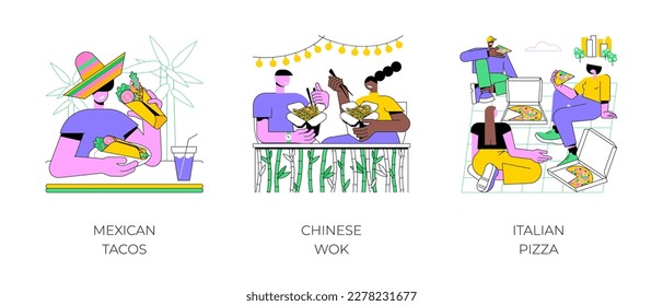 Street food isolated cartoon vector illustrations set. Smiling man eating Mexican tacos, Chinese traditional dish, couple eating wok together, diverse people share pizza outdoors vector cartoon.