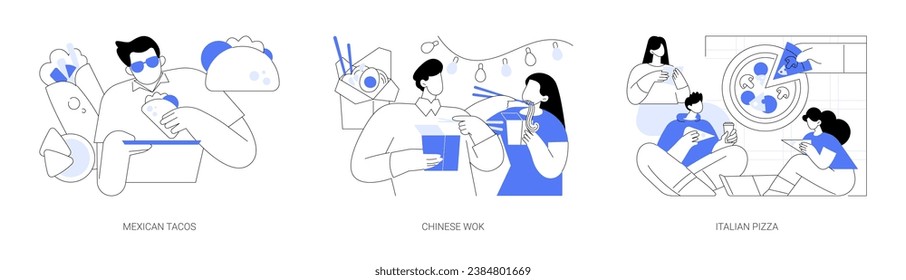 Street food isolated cartoon vector illustrations set. Smiling man eating Mexican tacos, Chinese traditional dish, couple eating wok together, diverse people share pizza outdoors vector cartoon.