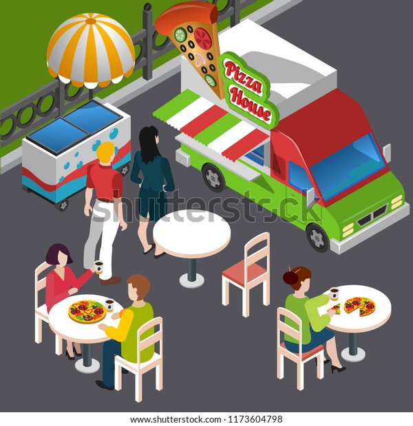 Street\
food isometric composition including customers at outdoor tables\
vehicle with signage pizza vector\
illustration