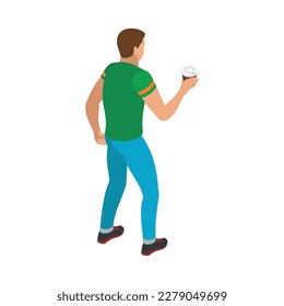 Street food isometric icon with man holding cup of coffee back view 3d vector illustration