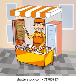 Street food kebab seller. Fast food chief. Hand drawn cartoon.