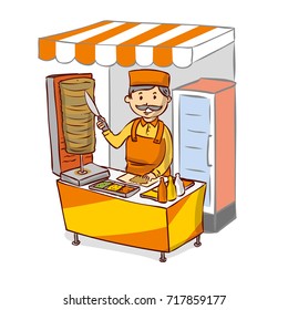 Street food kebab seller. Fast food chief. Hand drawn cartoon.