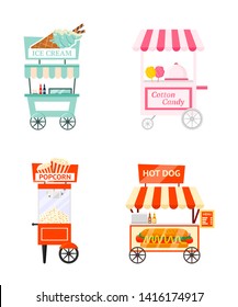 Street food kiosk flat vector illustration set. Quick meal trolleys pack. Small business, takeaway service, snacks sale. Ice cream cart, cotton candy booth, popcorn machine and hot dog stand