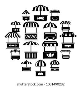 Street food kiosk icons set. Simple illustration of 16 street food kiosk vector icons for web