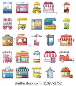 Street food kiosk icons set. Cartoo illustration of 25 street food kiosk vector icons for web