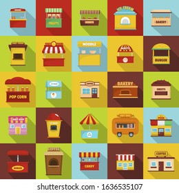 Street food kiosk icons set. Flat illustration of 25 street food kiosk vector icons for web