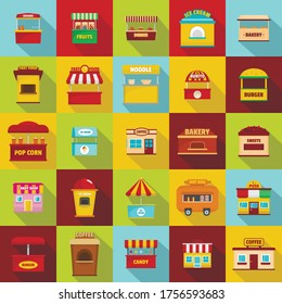 Street food kiosk icons set. Flat illustration of 25 street food kiosk vector icons for web