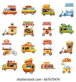 Street food kiosk icons set. Cartoon illustration of 16 street food kiosk vector icons for web