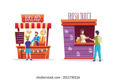 Street food kiosk marketplace. Outdoor trade local market with fruits, fresh juice, bakery. Ready takeaway meal cafe kiosks. Child buys bread from bakery seller, thirsty man wants to drink fresh juice