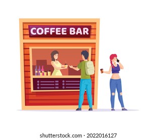 Street food kiosk marketplace. Outdoor trade local market with coffee bar. Ready takeaway meal cafe kiosks. Guy and girl in line for hot coffee vector cartoon