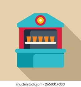 Street food kiosk selling drinks with counter displaying disposable cups in a row on the shelf