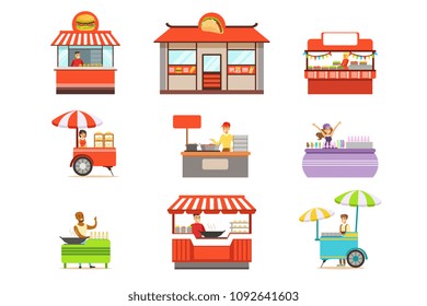 Street Food Kiosk Set On Wheels And Without With Smiling Vendor Serving Fast Food Vector Illustrations