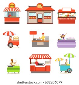 Street Food Kiosk Set On Wheels And Without With Smiling Vendor Serving Fast Food Vector Illustrations