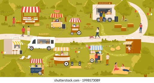 Street food kiosk stalls in market, festival event in city park vector illustration. Cartoon summer map, local farmers selling fruits, people have fun, buying pizza ice cream popcorn fast food