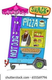 Street food kiosk. Traditional fresh snacks and coffee. Urban lifestyle.