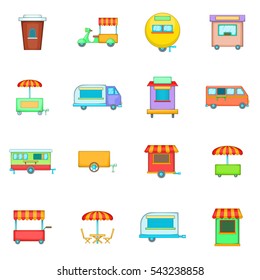 Street food kiosk vehicle icons set. Cartoon illustration of 16 street food kiosk vehicle vector icons for web