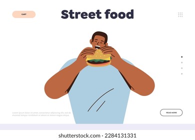 Street food landing page design template with man hunger character eating hamburger fastfood