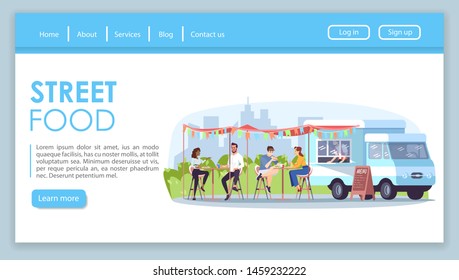 Street food landing page vector template. Takeaway meal cafe website interface idea with flat illustrations. Fest in park homepage layout. Restaurant visitors web banner, webpage cartoon concept