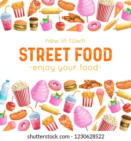 Street food layout, vector illustration. Takeaway meals, Hong Kong waffles, spiral potato chips, lemonade and apples in caramel, hamburger and hot dog. Barbecue, sushi and boiled corn.