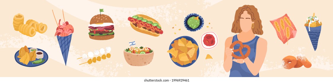 Street food like burger, samosa, hot dog, gyros, nachos, falafel, deep-fried chiken. Delicious israeli, thai, chinese, american, indian meal set. Multicultural sweets donuts, trdelnik, mochi vector.