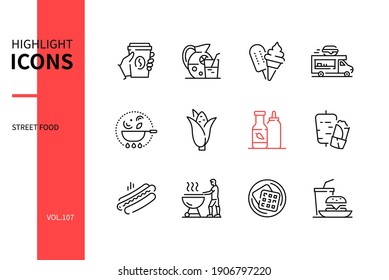 Street food - line design style icons set. Snacks and drinks, cafe menu concept. Coffee to go, lemonade, ice cream, truck, wok, corn, sauces, doner kebab, hot dogs, BBQ, belgian waffle, burger