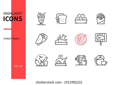 Street food - line design style icons set. Snacks, dessert and beverages, cafe menu concept. Milkshake, sandwich, falafel, french fries, pita, fish, vegetarian, grill, spicy, meat, beer, tea images