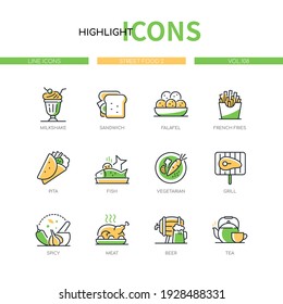 Street food - line design style icons set. Snacks, dessert and beverages, cafe menu concept. Milkshake, sandwich, falafel, french fries, pita, fish, vegetarian, grill, spicy, meat, beer, tea images