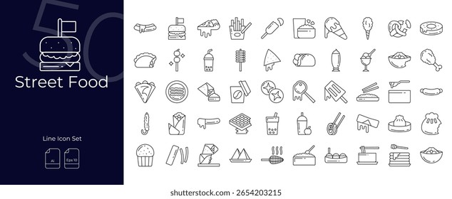 Street food Line Conjunto de ícones editáveis. Ilustração vetorial no estilo de linha fina moderna de ícones de comida de rua: sanduíche, lanche, pizza, etc