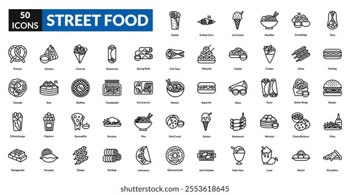 Street Food line icon collection set. Includes vendor, cart, snack, grill, skewer, noodle, wrap, burger, taco, kebab, dumpling, soda, sauce, fries, seafood