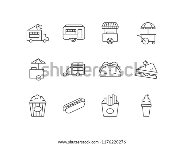 Street food line icons with cart,\
tacos, sandwich, popcorn, hotdog, French fries, ice\
cream.