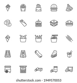 Street food line icons set. linear style symbols collection, outline signs pack. Fast food vector graphics. Set includes icons - french fries, burger, sandwich, noodles, street cart, taco, chicken leg