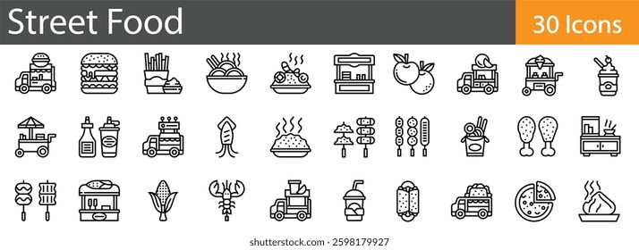 Street Food Line Icons Set. Collection of 30 outline icons representing popular street food, snacks, and beverages. Editable stroke vector illustration.