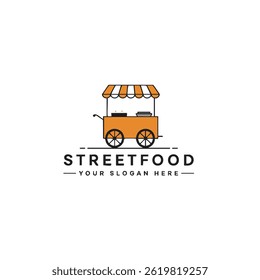 Street food logo featuring orange food cart illustration for mobile vendors, snacks, or ice cream.
