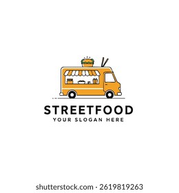 Street food logo featuring yellow food truck illustration with burger icon for mobile food vendors.
