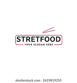 Street food logo with text in frame and chopsticks icon for Asian or fast casual restaurants.
