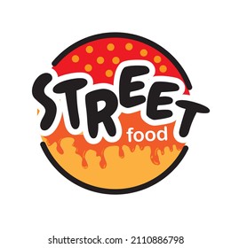 Street food logo vector with a shape like a burger with melted tomato sauce
