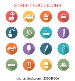 street food long shadow icons, flat vector symbols