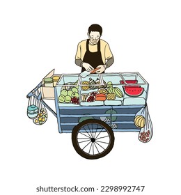 Street food, man selling fruit, hawker in Thailand, drawing style vector illustration on white background