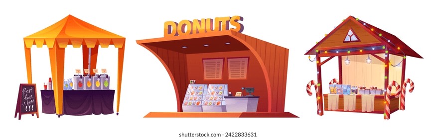 Street food market and cafe with fresh donuts, candy and caramel, drinks. Cartoon vector illustration set of fun fair or city park market with fast food and beverages. Outdoor festival tent stall.