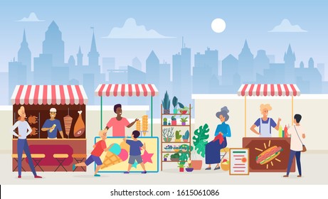 Street food market flat color vector illustration. Outdoor marketplace in megapolis. Vendors and customers. Sellers at shawarma and icecream takeaway stalls. Modern cityscape background