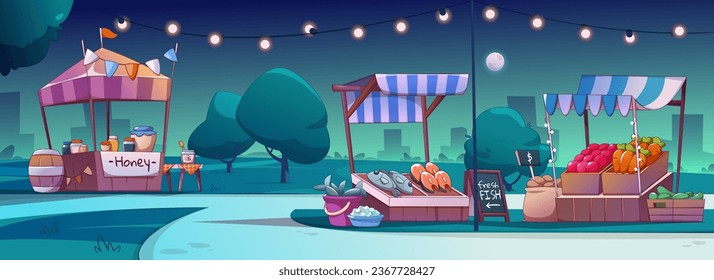 Street food market at night - cartoon vector of stalls with fresh fish, farm fruits and vegetables and honey in city park under moonlight. Outdoor marketplaces with awning sell organic products.