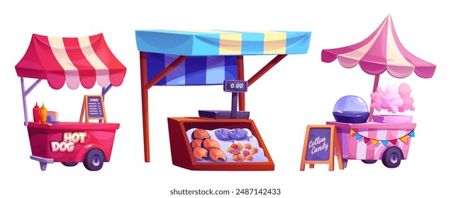 Street food market shops and stalls with hot dog, fresh fish and seafood, sweet cotton candy. Cartoon vector illustration set of outdoor and city park stand booth and kiosk or local marketplace.