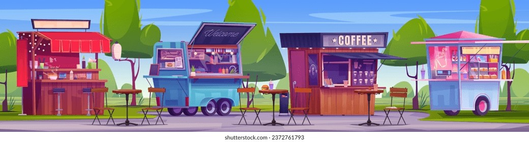 Street food market stall cartoon vector. Shop booth marketplace with tent for outdoor festival in city park illustration. Hamburger on table near chair. Traditional court for snack or juice.