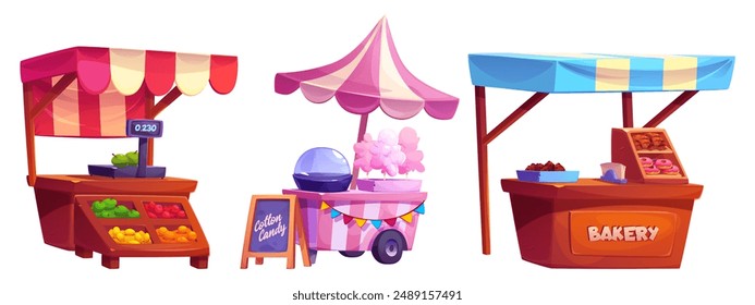 Street food market stall. Fruit shop stand vector cartoon. Vegetable and bakery local seller kiosk. Grocery store and fresh bread selling at counter. Outdoor festival merchant business isolated set